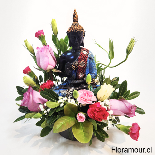 Arreglo Flor Natural Con Figura Buda en Resina